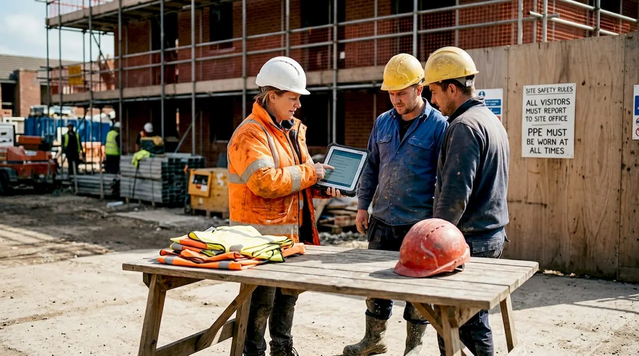 Construction team reviews safety checklist on site