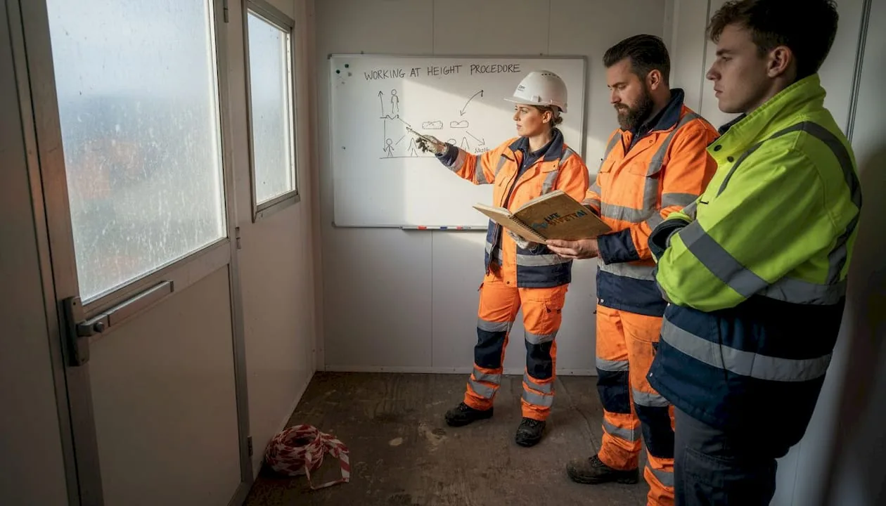 Construction workers discuss safety next to whiteboard