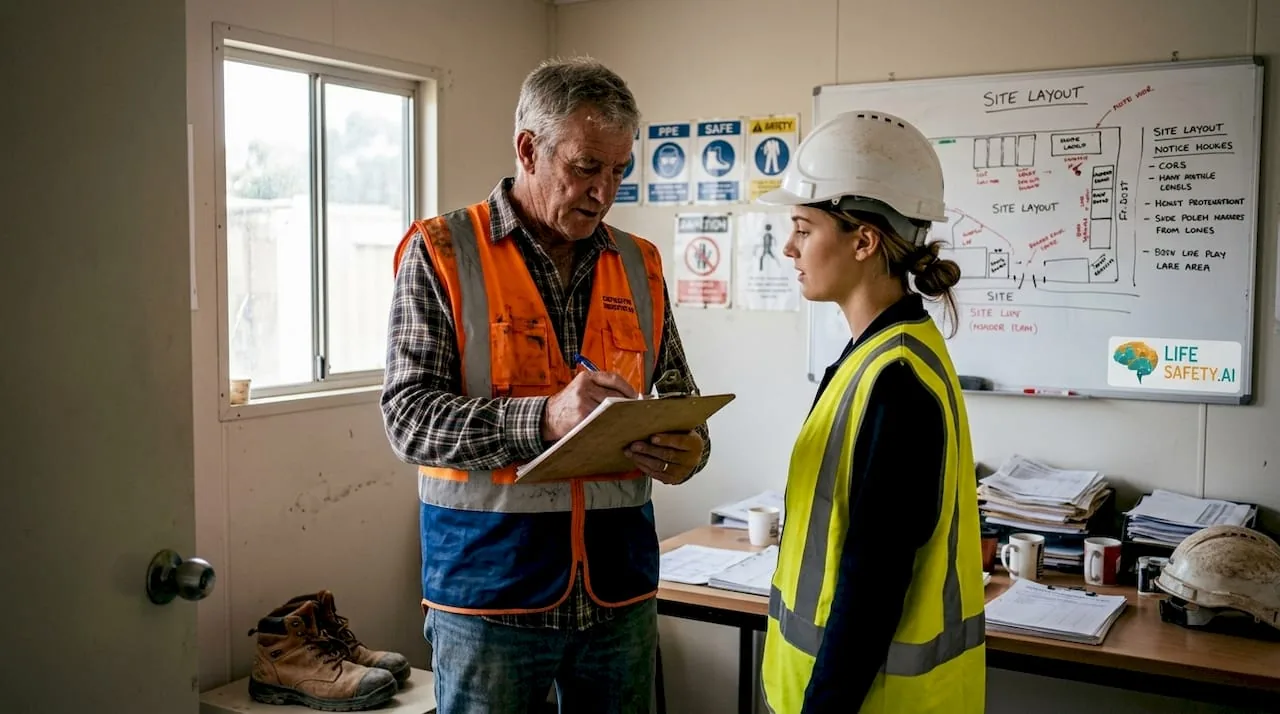 Supervisor inducting contractor in site break room