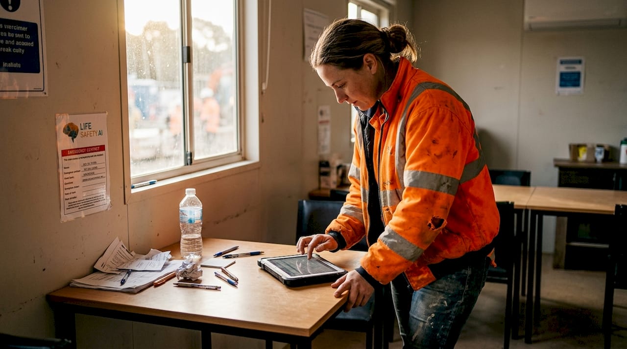 Worker entering near miss on digital tablet