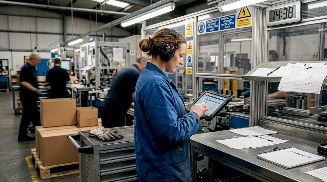 Manufacturing supervisor reviewing safety compliance
