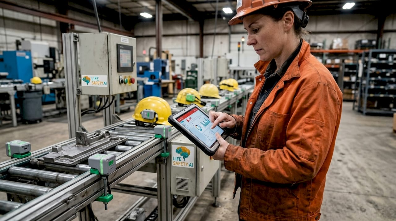 Technician monitoring safety IoT sensors factory