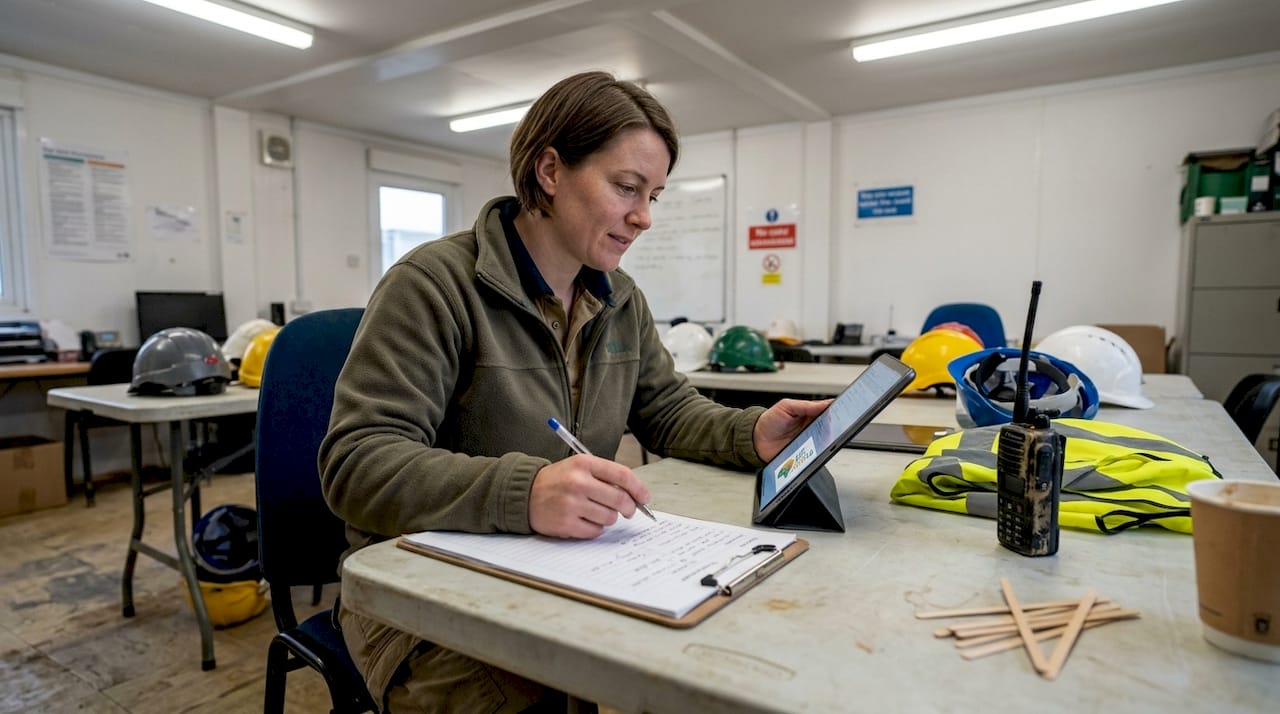 Administrator logs inspection on site office tablet