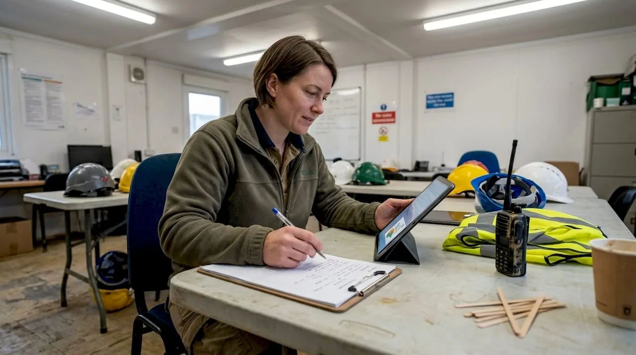 Administrator logs inspection on site office tablet