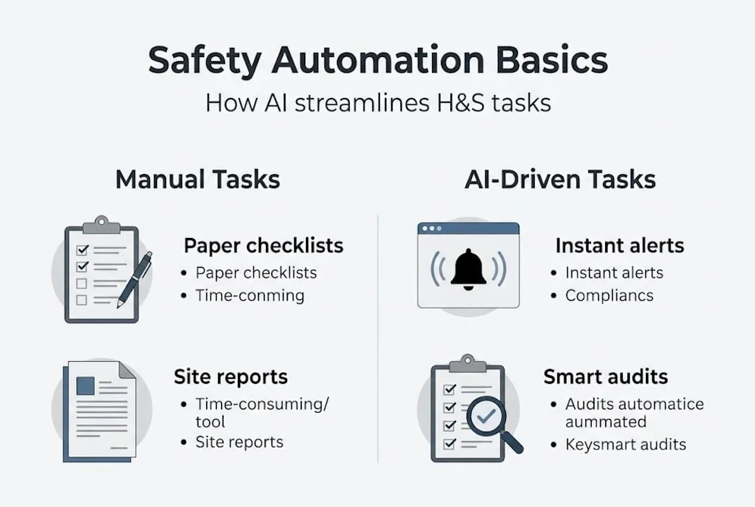 Infographic contrasts manual vs AI safety tasks