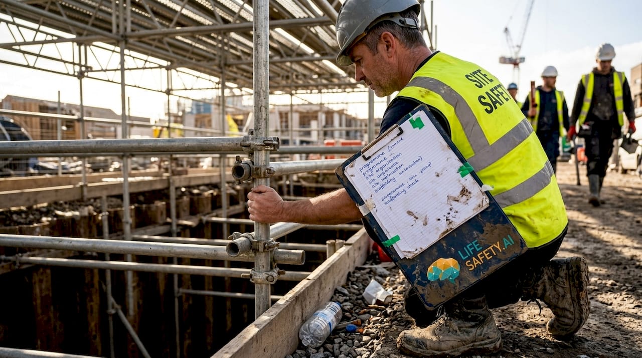 Supervisor inspecting scaffolding on construction site