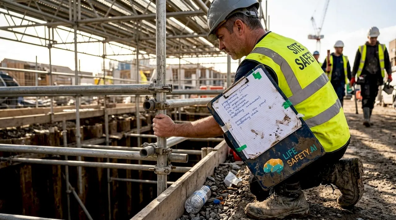 Supervisor inspecting scaffolding on construction site