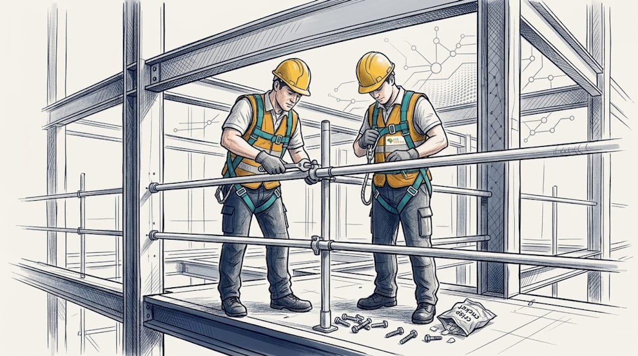 Workers adjusting scaffolding at height on site
