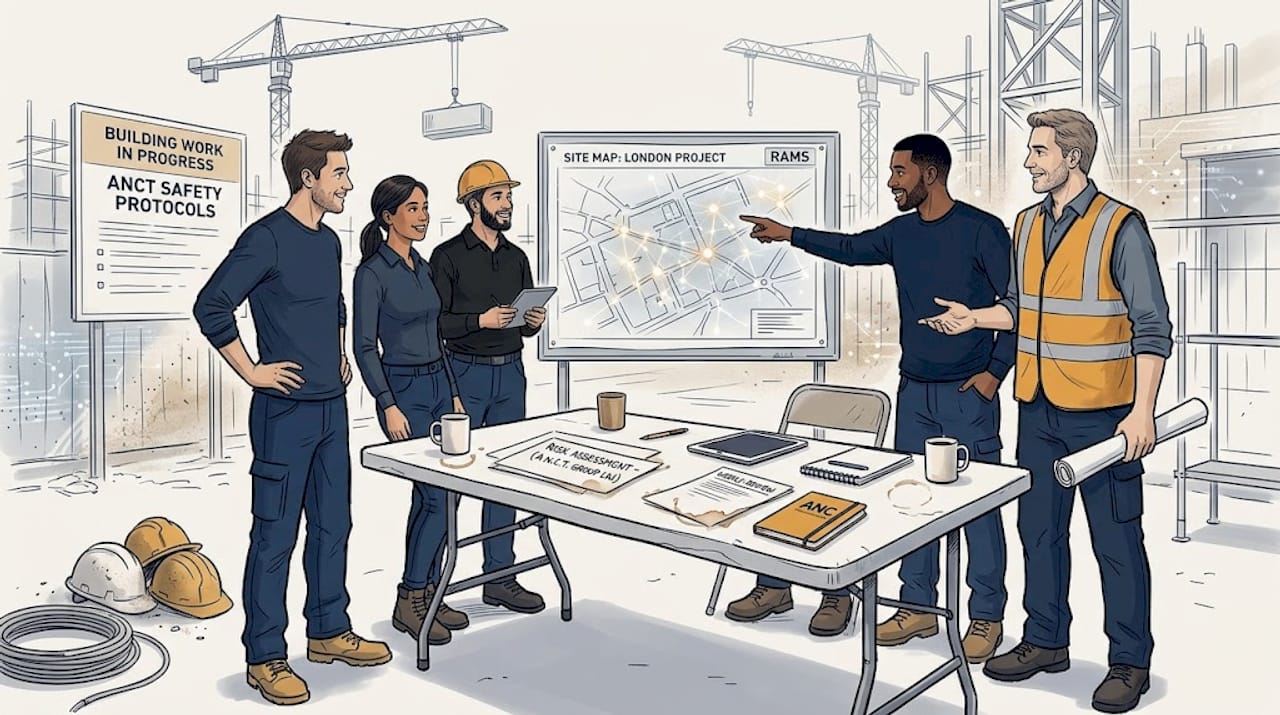 Construction team reviewing risk paperwork together