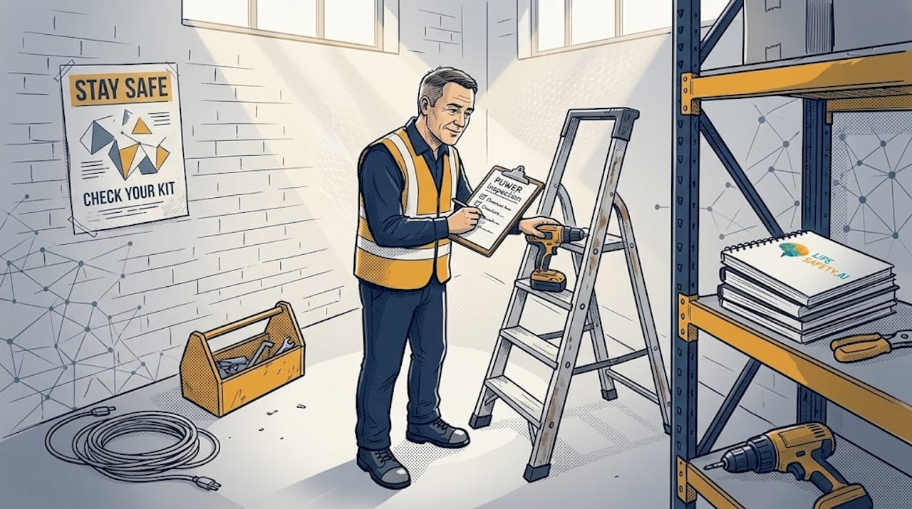 Supervisor inspecting equipment with checklist in warehouse