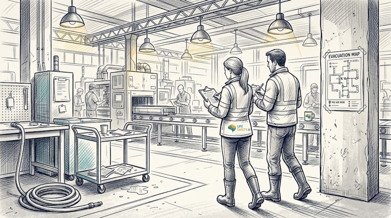 Inspectors walking through busy factory floor