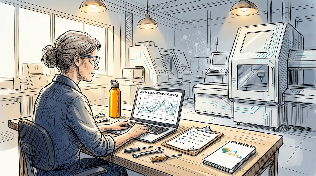 Operator monitoring equipment safety data in busy factory