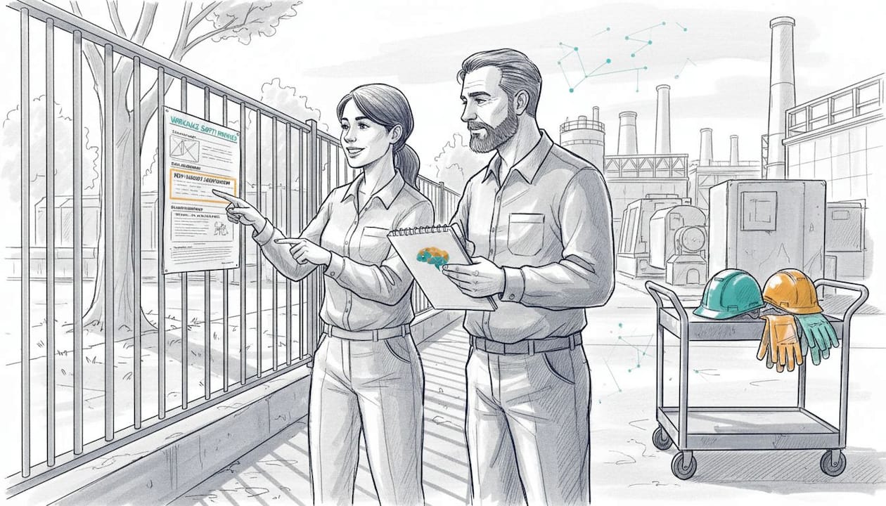 Factory workers reading updated safety bulletin