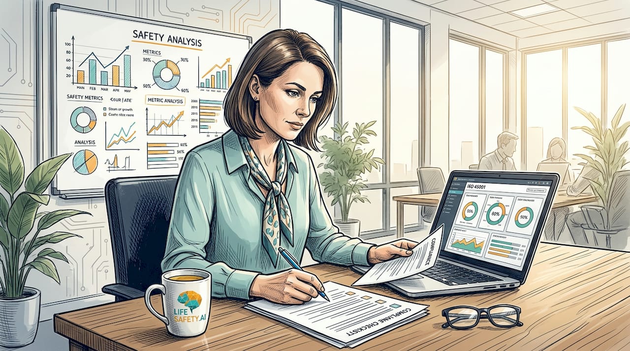 Professional reviews ISO 45001 checklist in meeting room