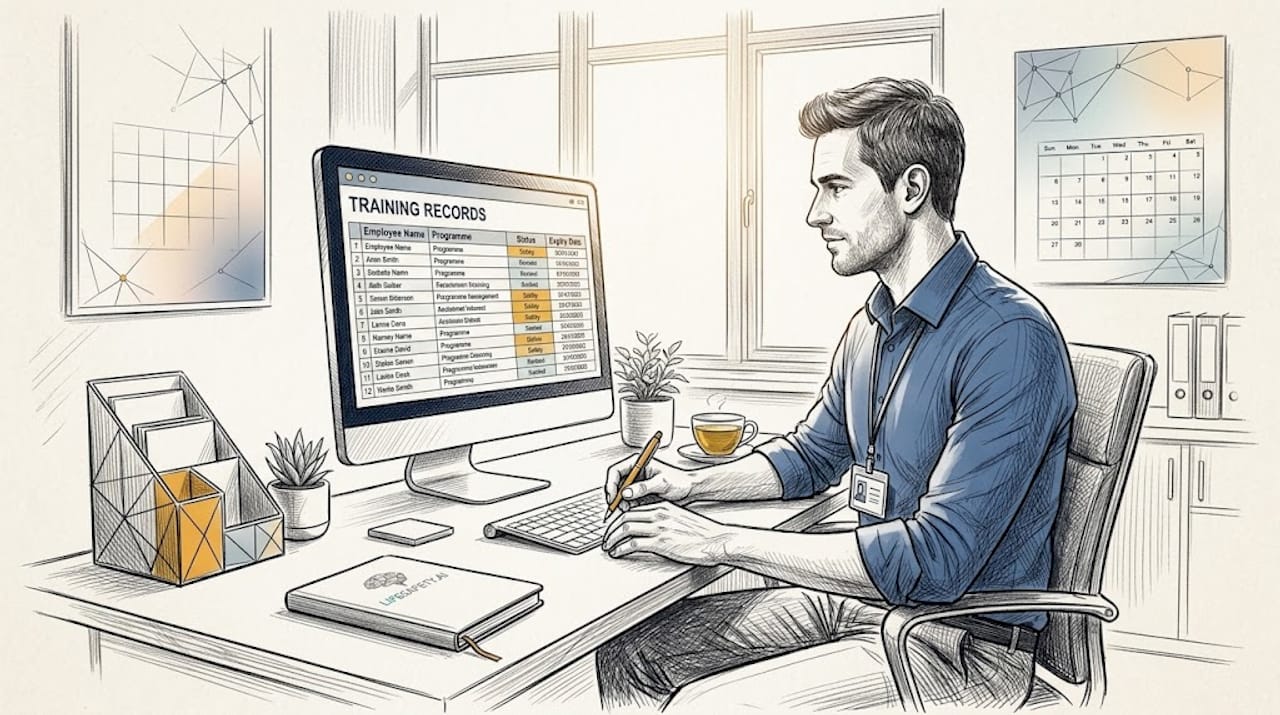 HR specialist updates training records at shared desk