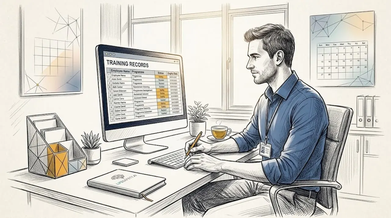HR specialist updates training records at shared desk
