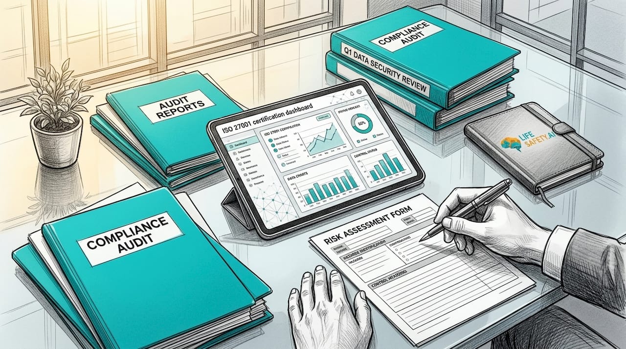 Hands with audit reports and compliance tablet