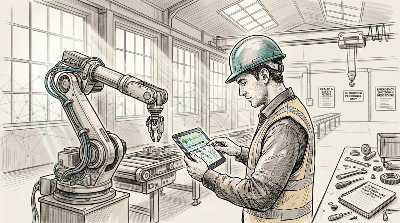 Technician operating robotic safety equipment on factory floor