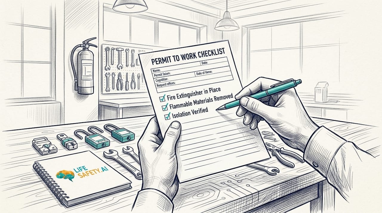 Close-up of permit checklist beside safety gear