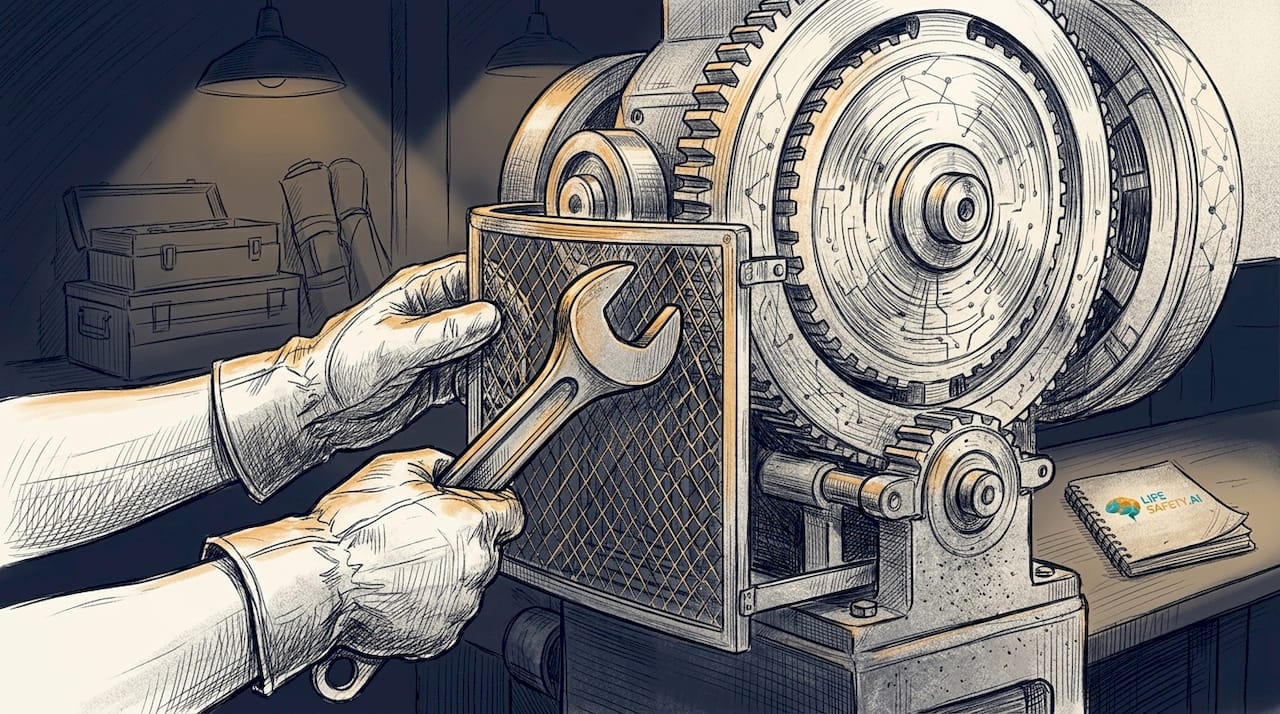 Hands adjusting safety guard on industrial machinery