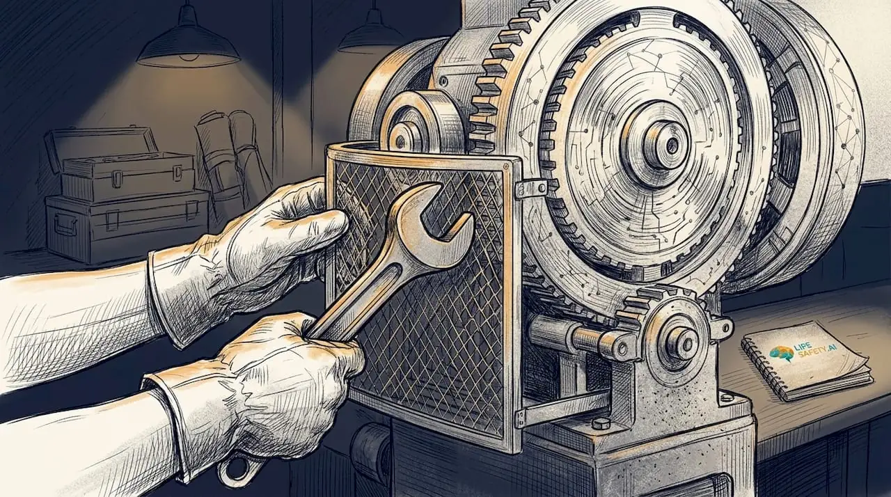 Hands adjusting safety guard on industrial machinery