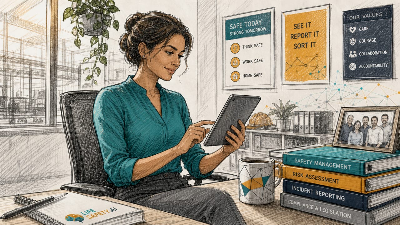 Safety officer scrolling mobile safety report tablet