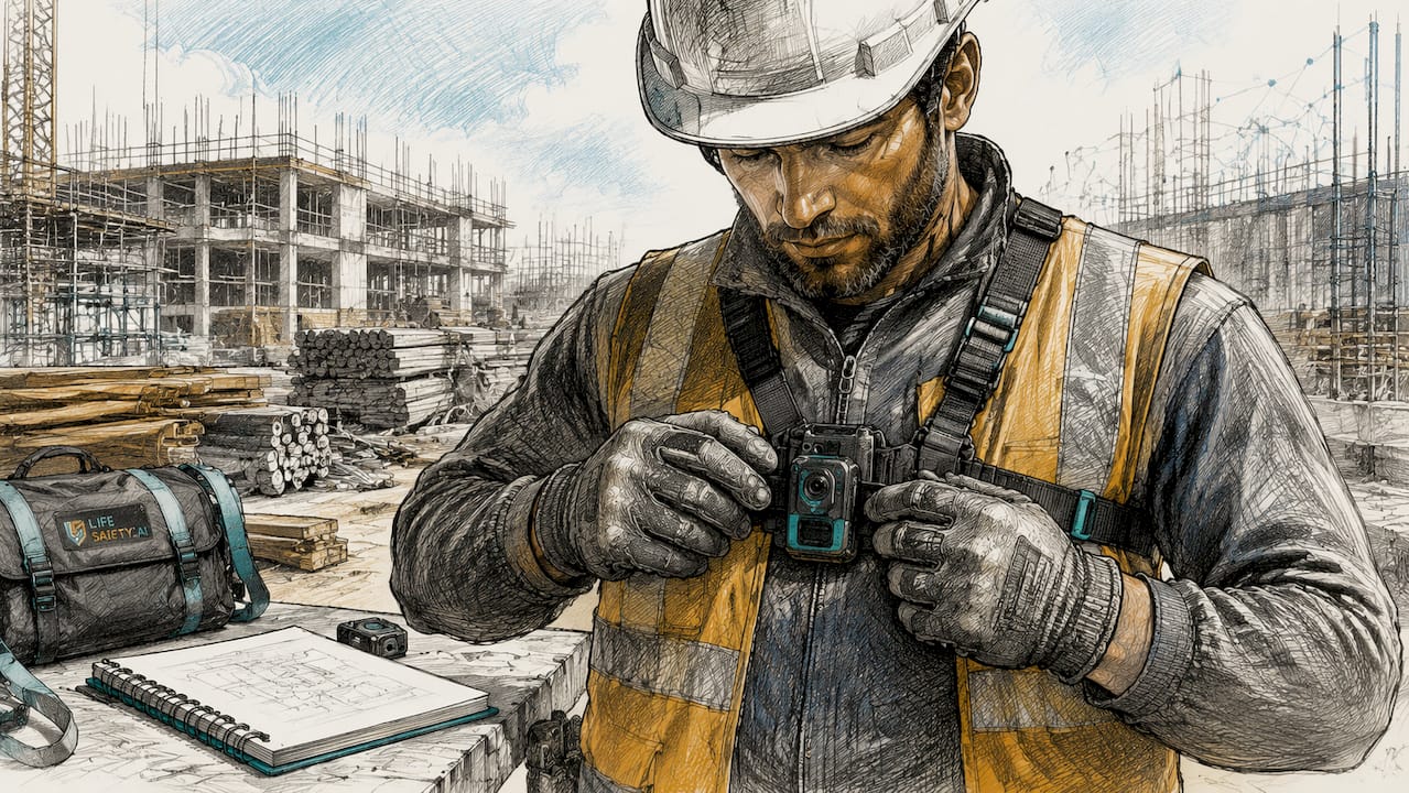 Hands attaching GPS body camera on industrial floor