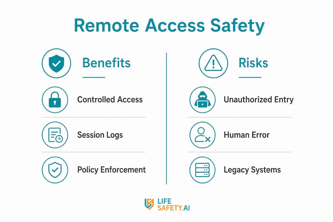 Infographic comparing remote access safety benefits and risks