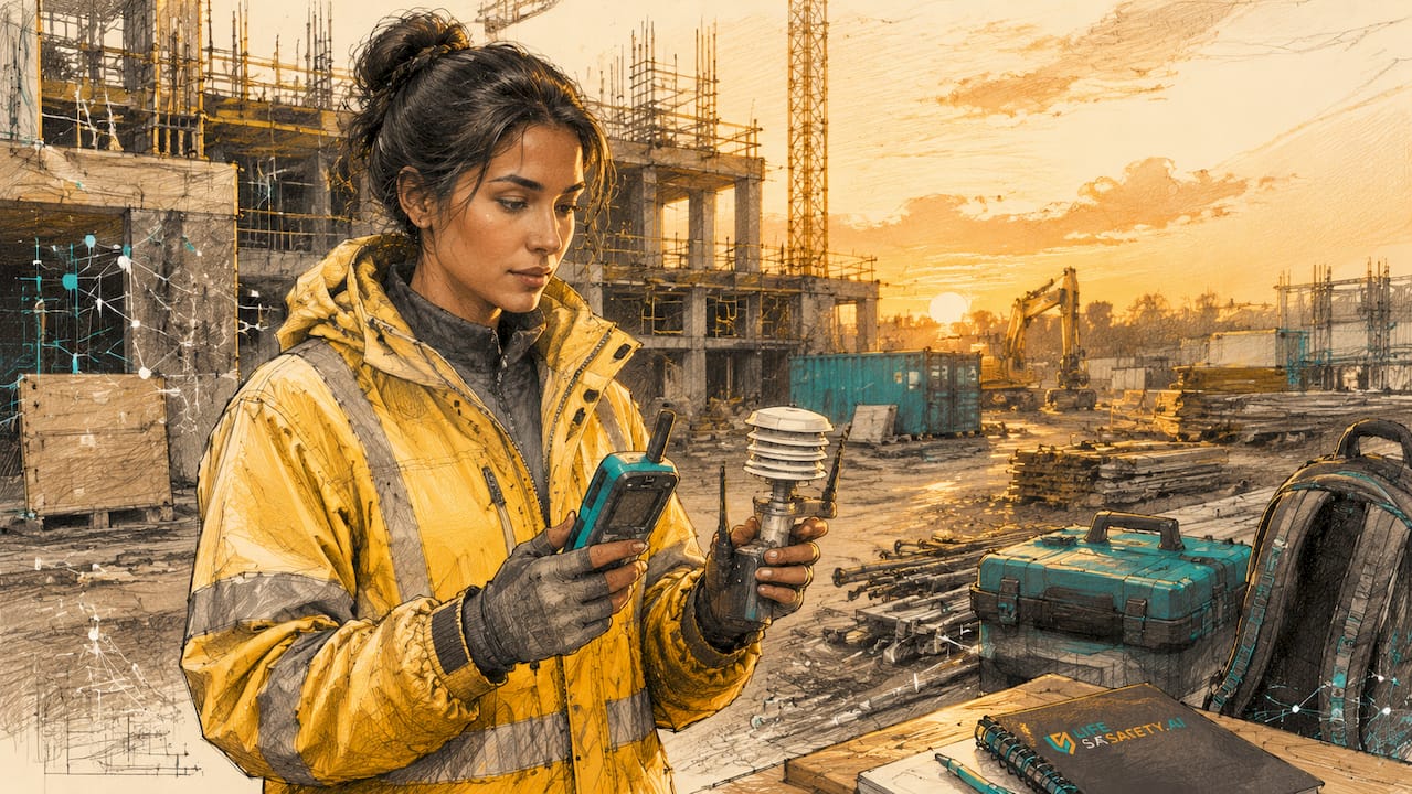 Hands holding GPS and sensor devices at construction site