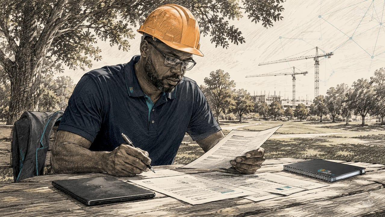 Construction officer reviewing compliance documents outdoors