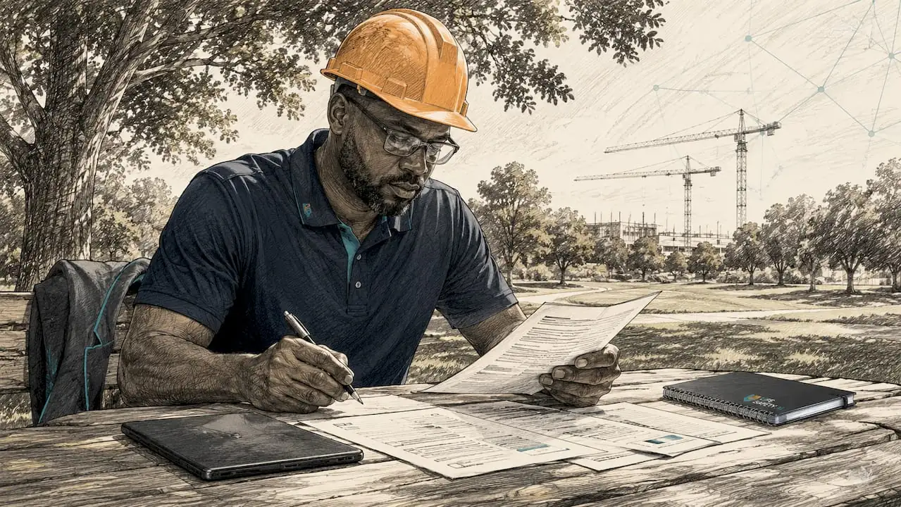 Construction officer reviewing compliance documents outdoors