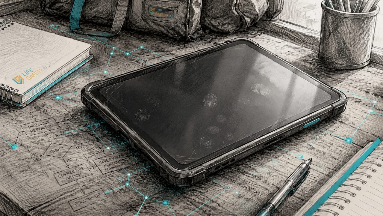 Close-up tablet device on office desk with data motif