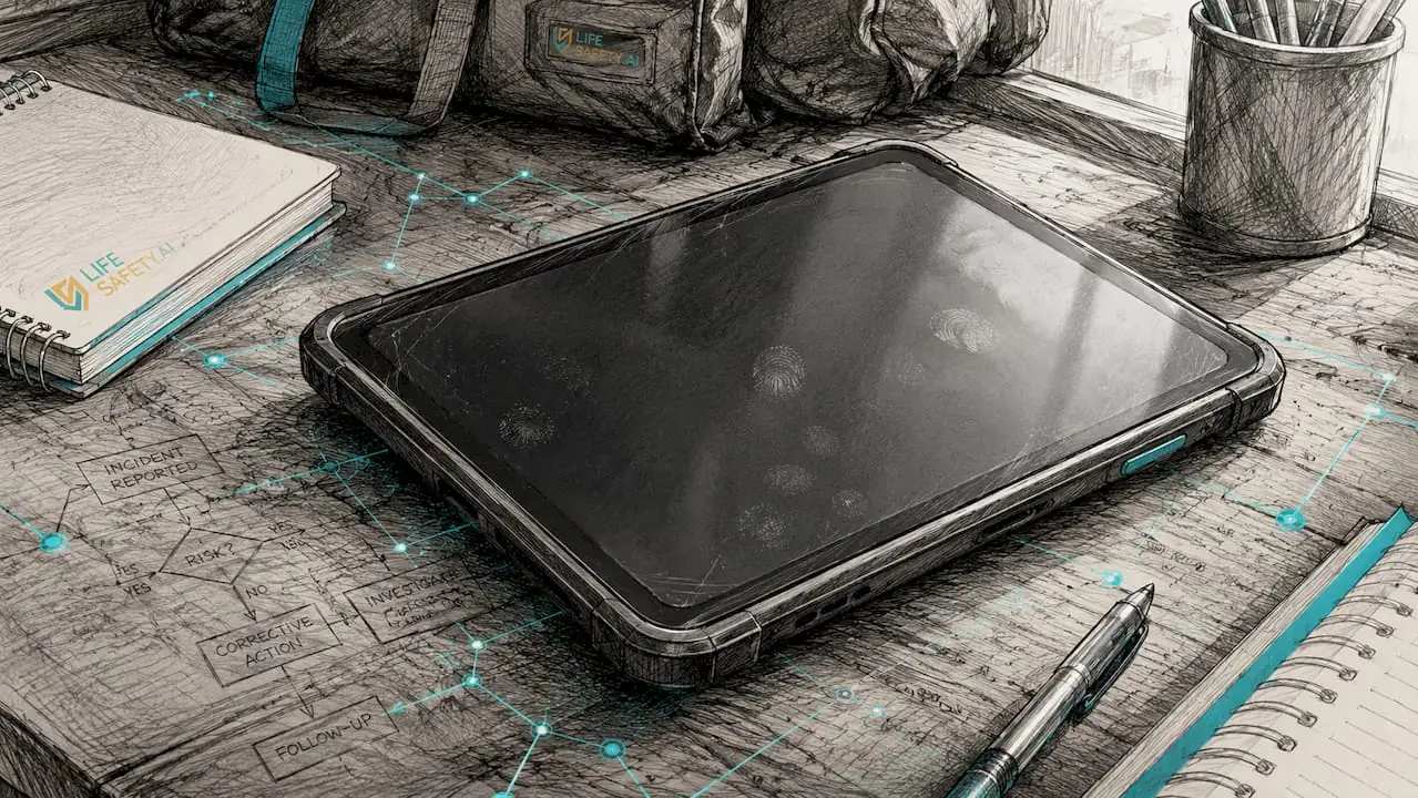 Close-up tablet device on office desk with data motif
