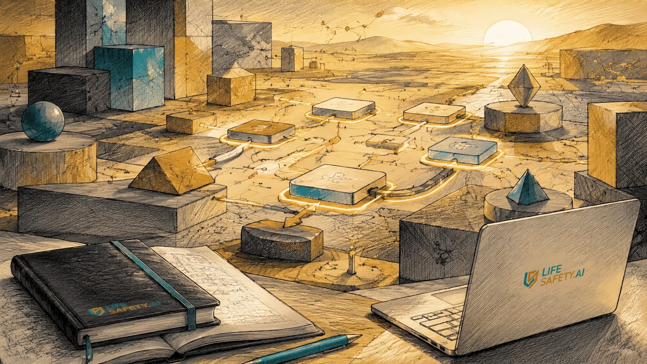 Stylized geometric scene symbolizing high-risk safety workflow automation.