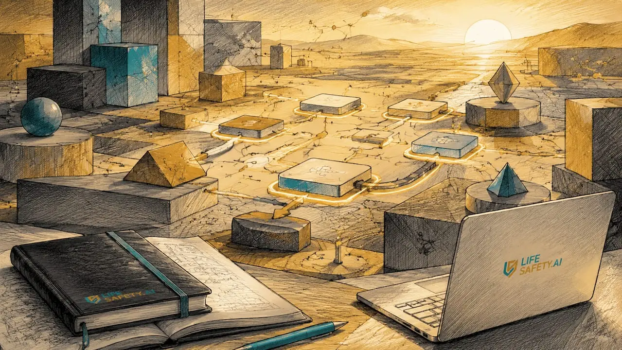 Stylized geometric scene symbolizing high-risk safety workflow automation.