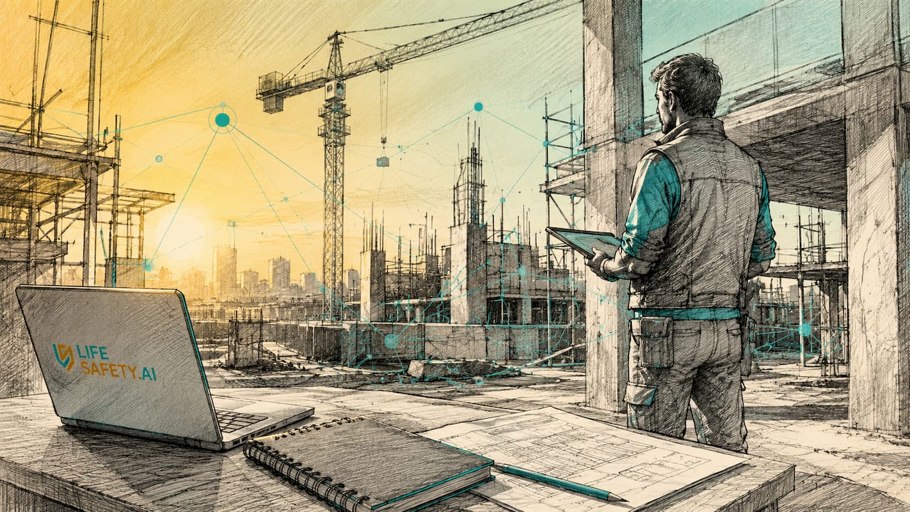Abstract construction site hazard control illustration with data motif