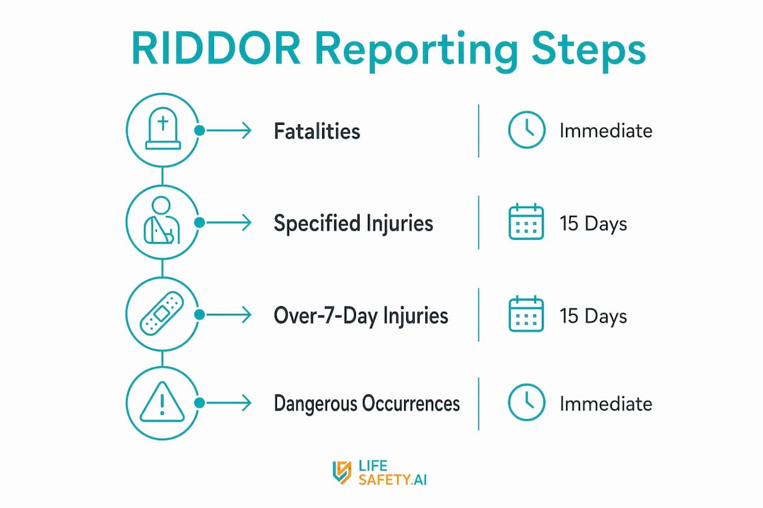 Infographic showing RIDDOR reporting deadlines in steps
