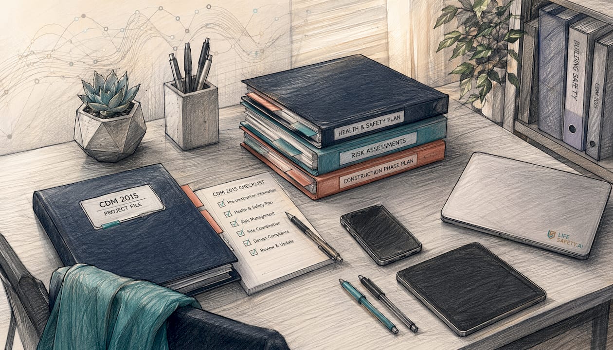 Isometric desk setup with CDM 2015 compliance documents and devices