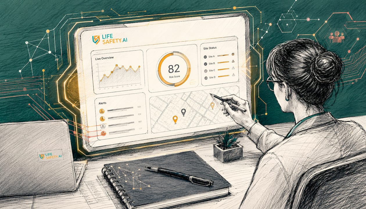 Isometric AI safety monitoring dashboard concept