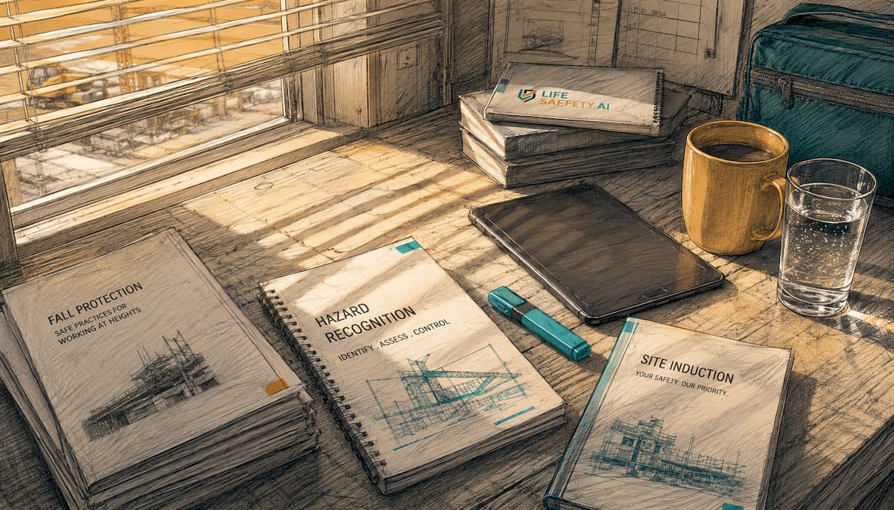 Close-up of training material and devices on construction desk