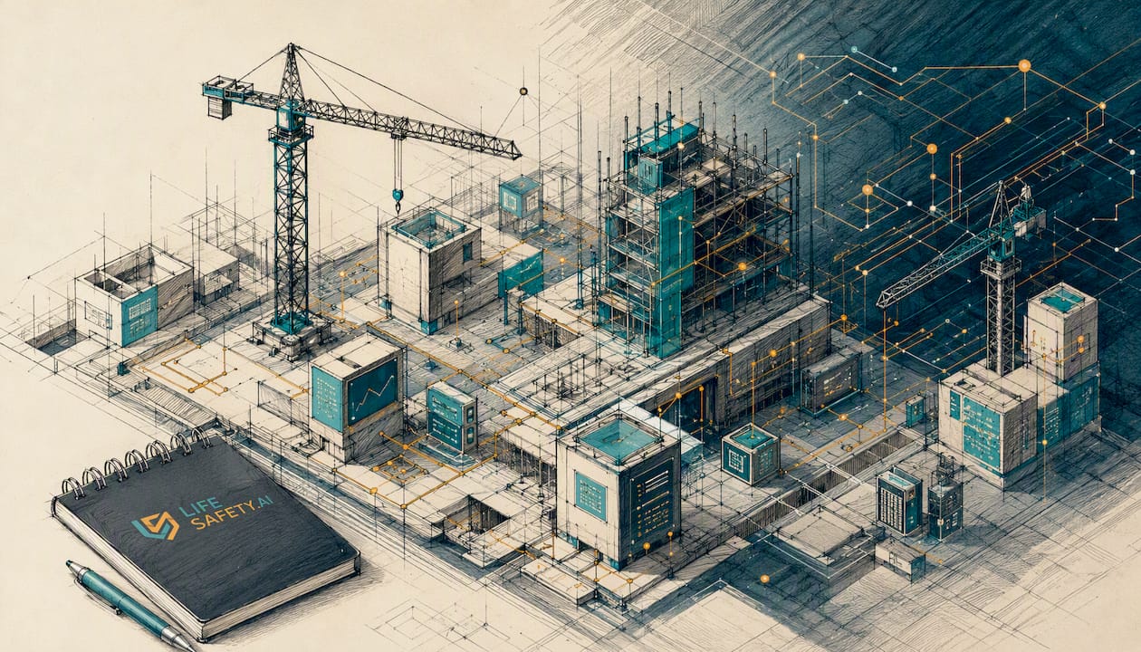 Isometric construction site with data network illustration
