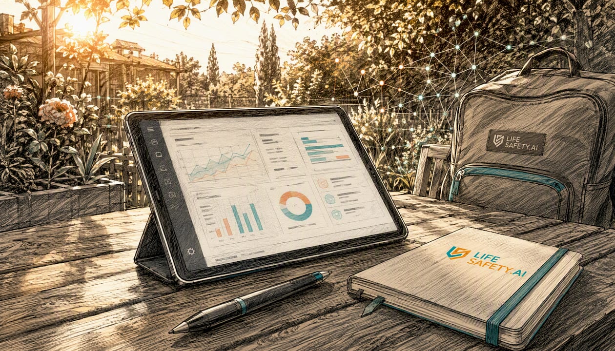 Close-up of safety software tablet with abstract dashboard